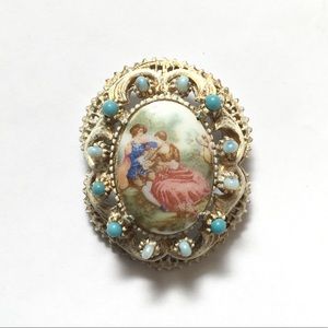 1960s Florenza Brooch Romantic Scene on Porcelain